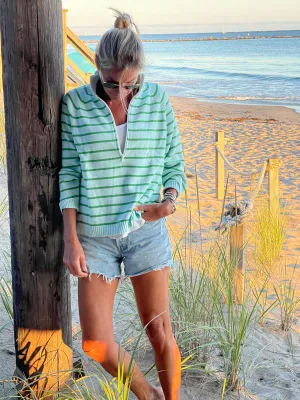 1/2 Zip Cotton Sweater Stripe Aqua/Green