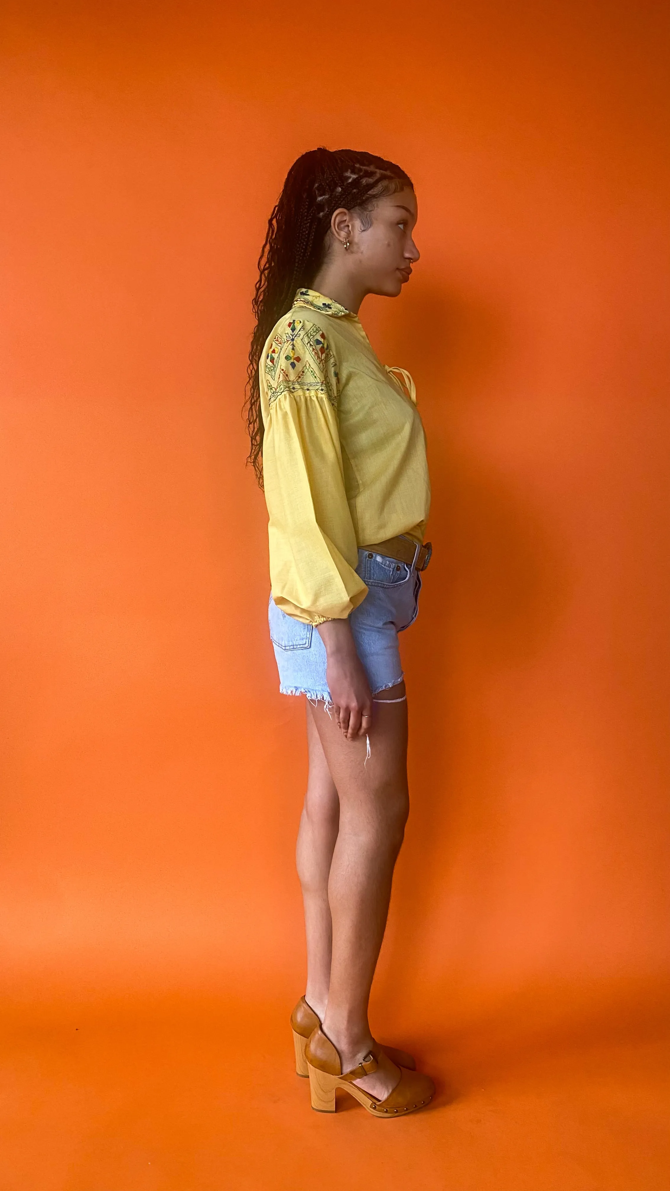 1970s Yellow Embroidered Folk Shirt, sz. L
