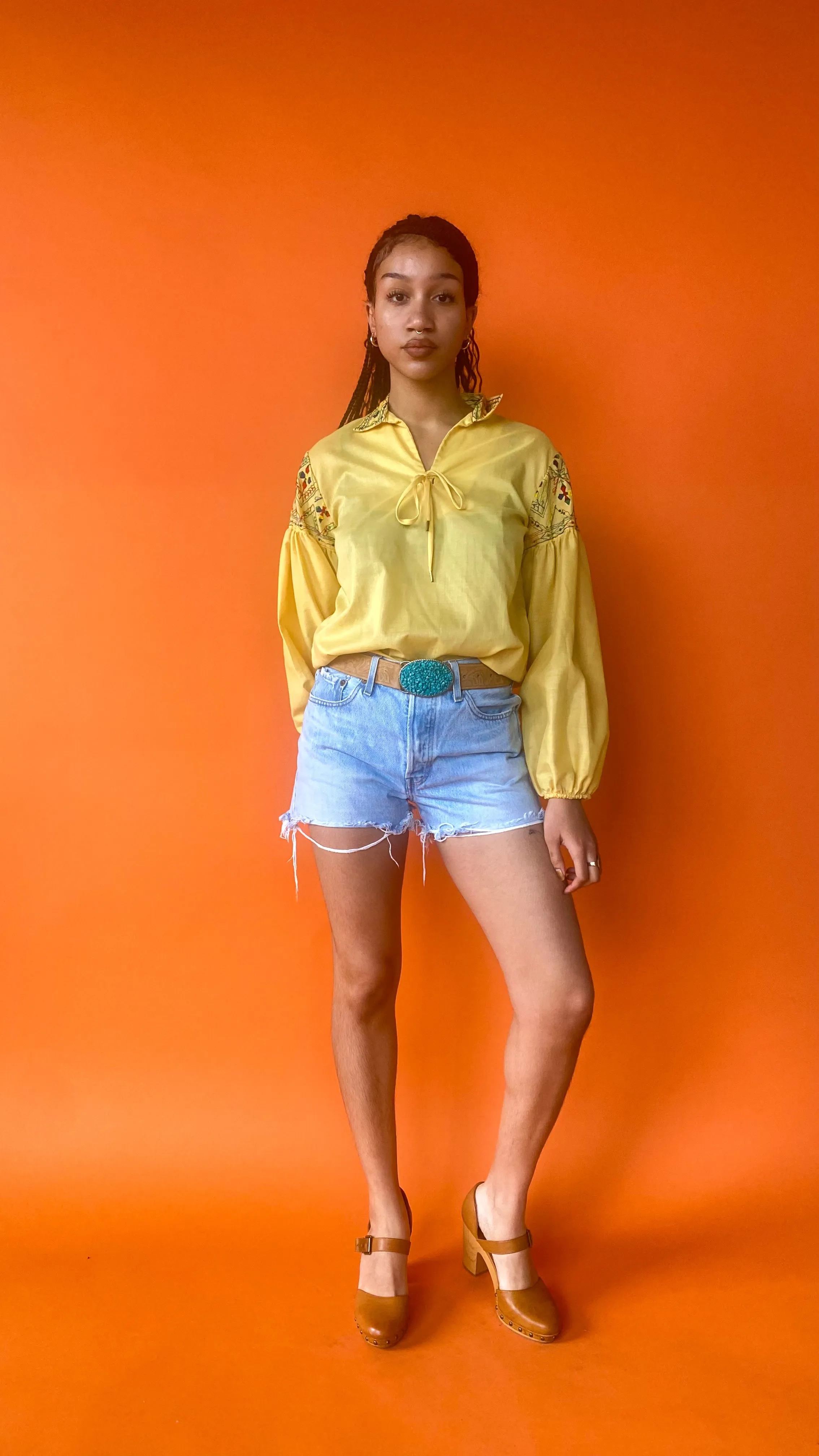 1970s Yellow Embroidered Folk Shirt, sz. L