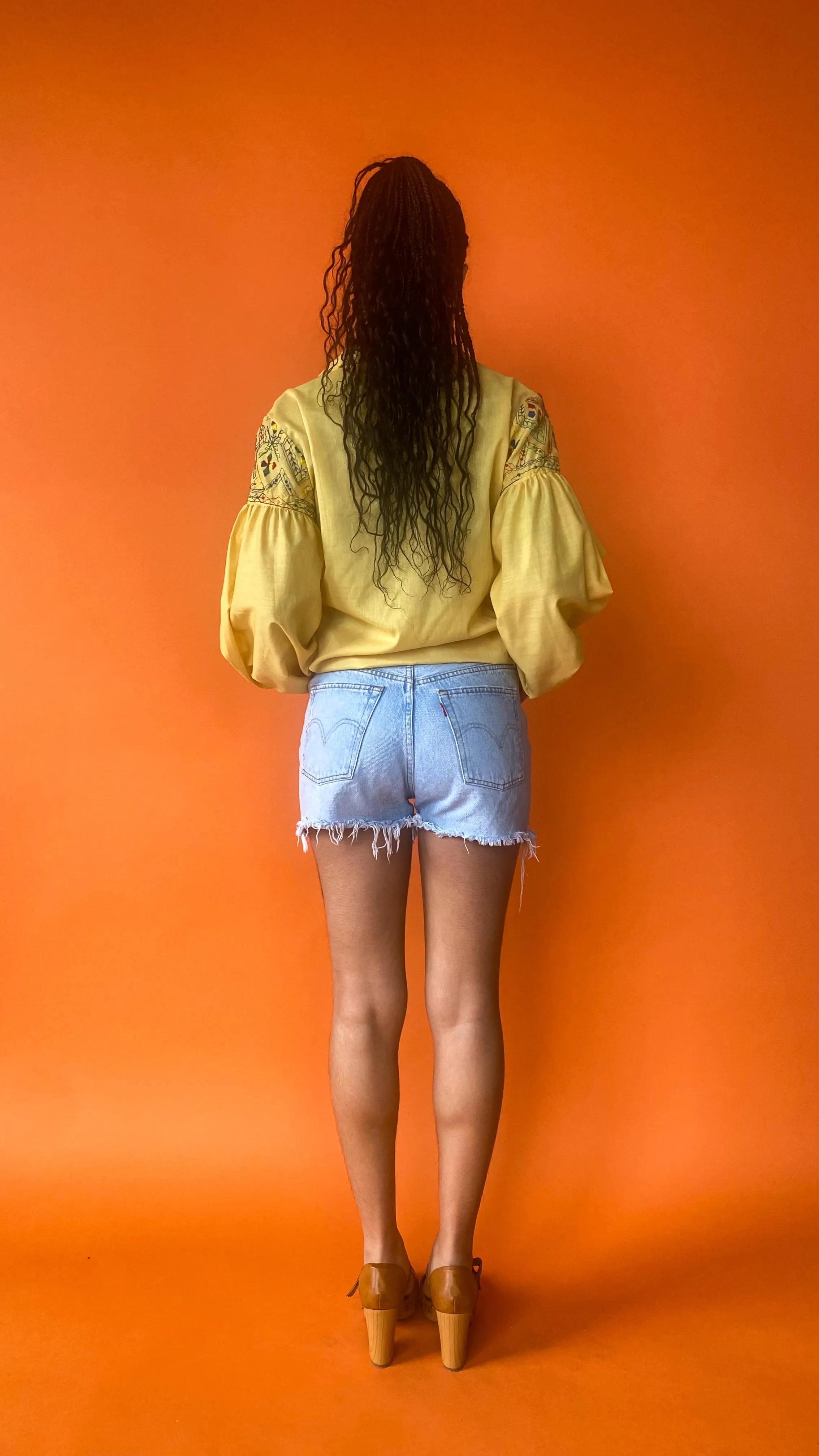 1970s Yellow Embroidered Folk Shirt, sz. L