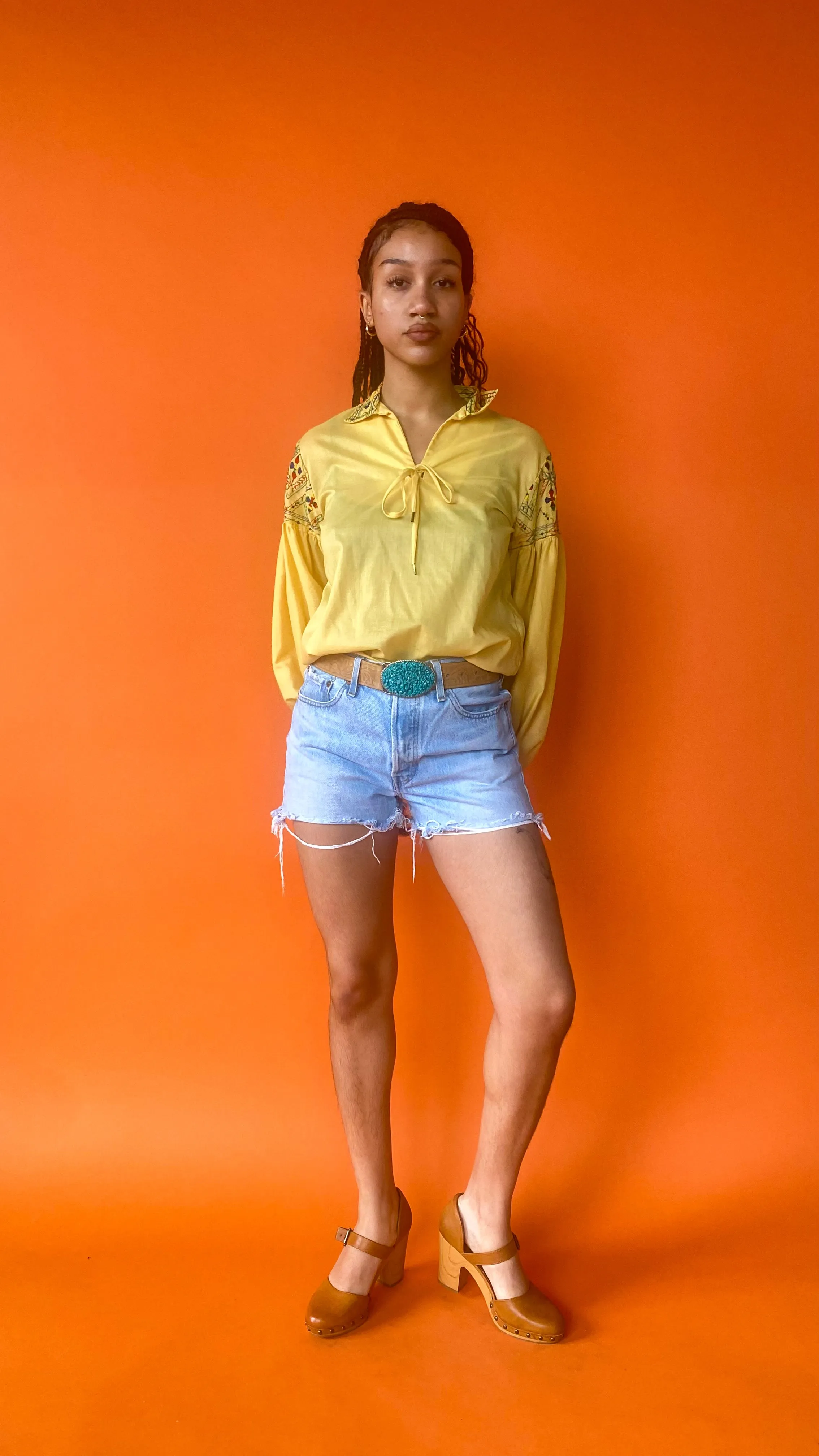 1970s Yellow Embroidered Folk Shirt, sz. L