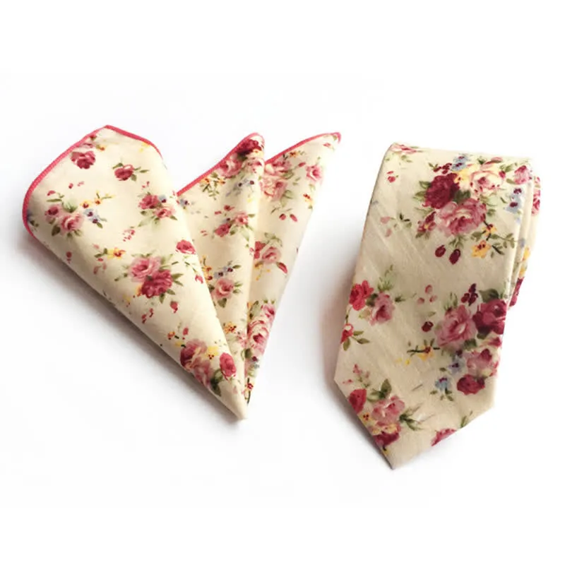 2Pcs Men's Pastel Flower Hanky Necktie Set