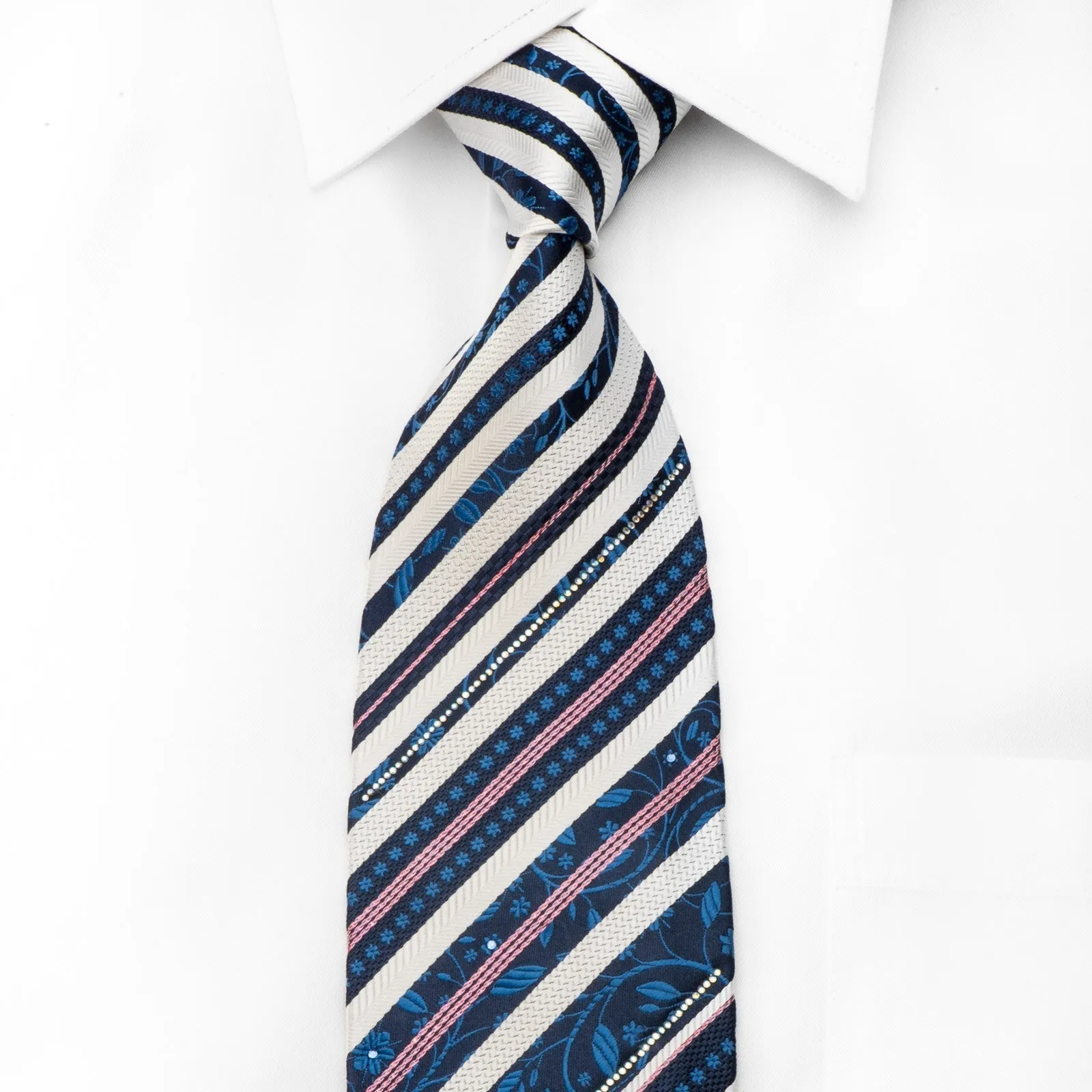 Aquascutum Men's Crystal Rhinestone Tie White Striped Floral On Navy Silk With Purple Sparkles