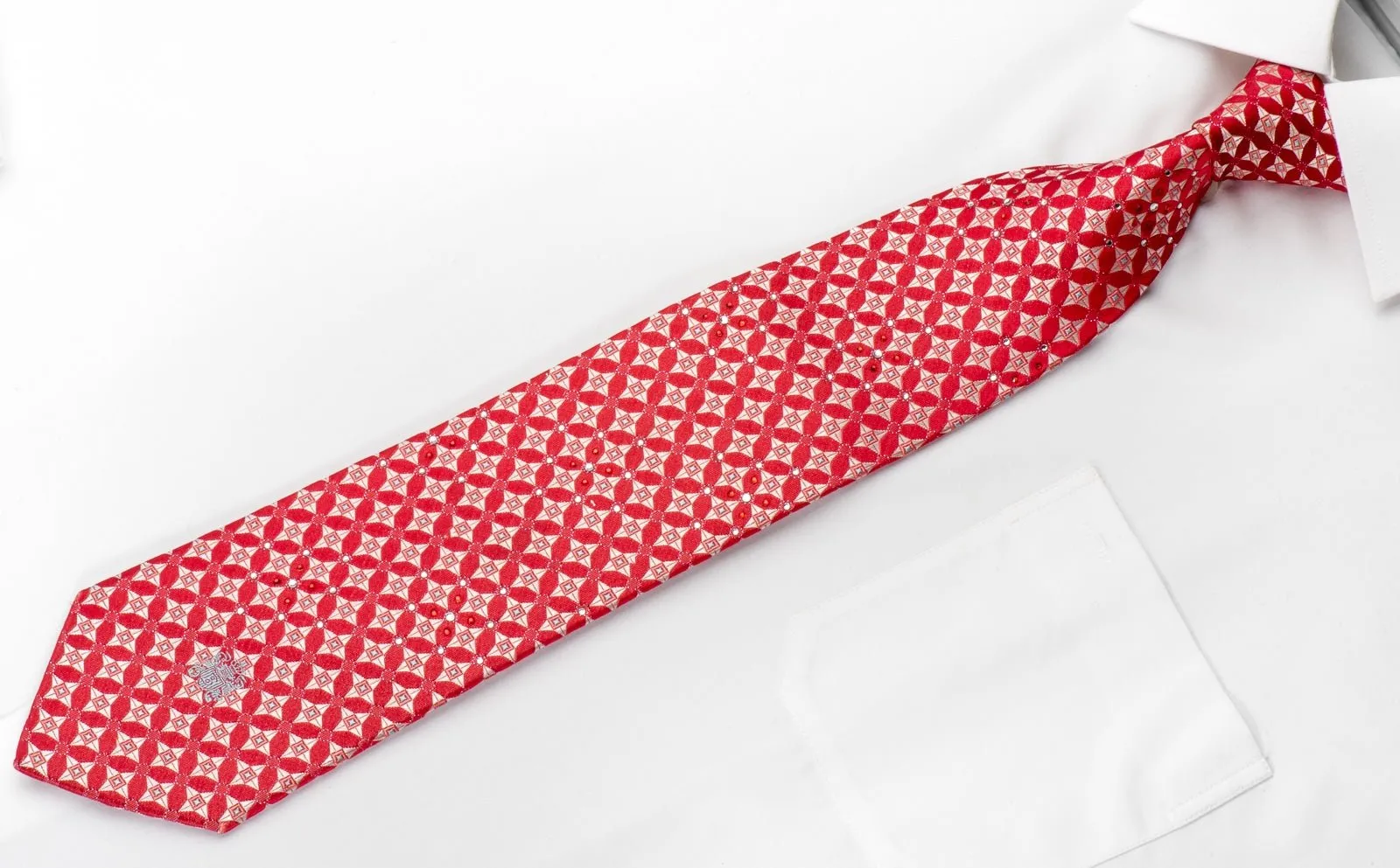 Aquascutum Mens Silk Rhinestone Tie Silver Geometric On Red With Silver Sparkles