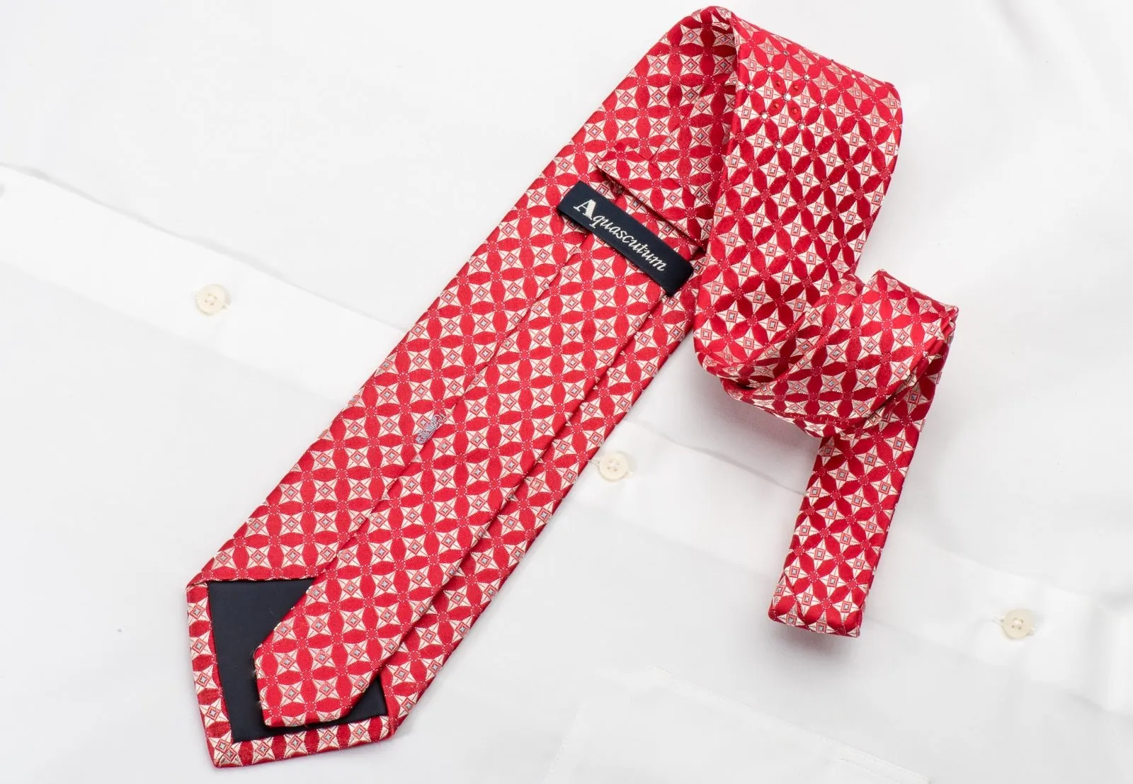 Aquascutum Mens Silk Rhinestone Tie Silver Geometric On Red With Silver Sparkles