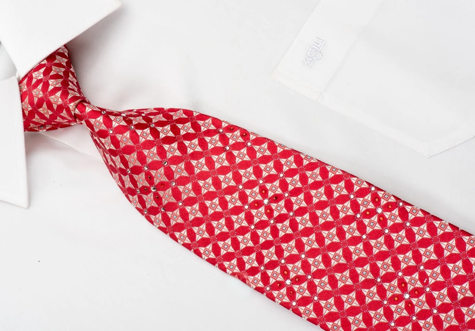 Aquascutum Mens Silk Rhinestone Tie Silver Geometric On Red With Silver Sparkles