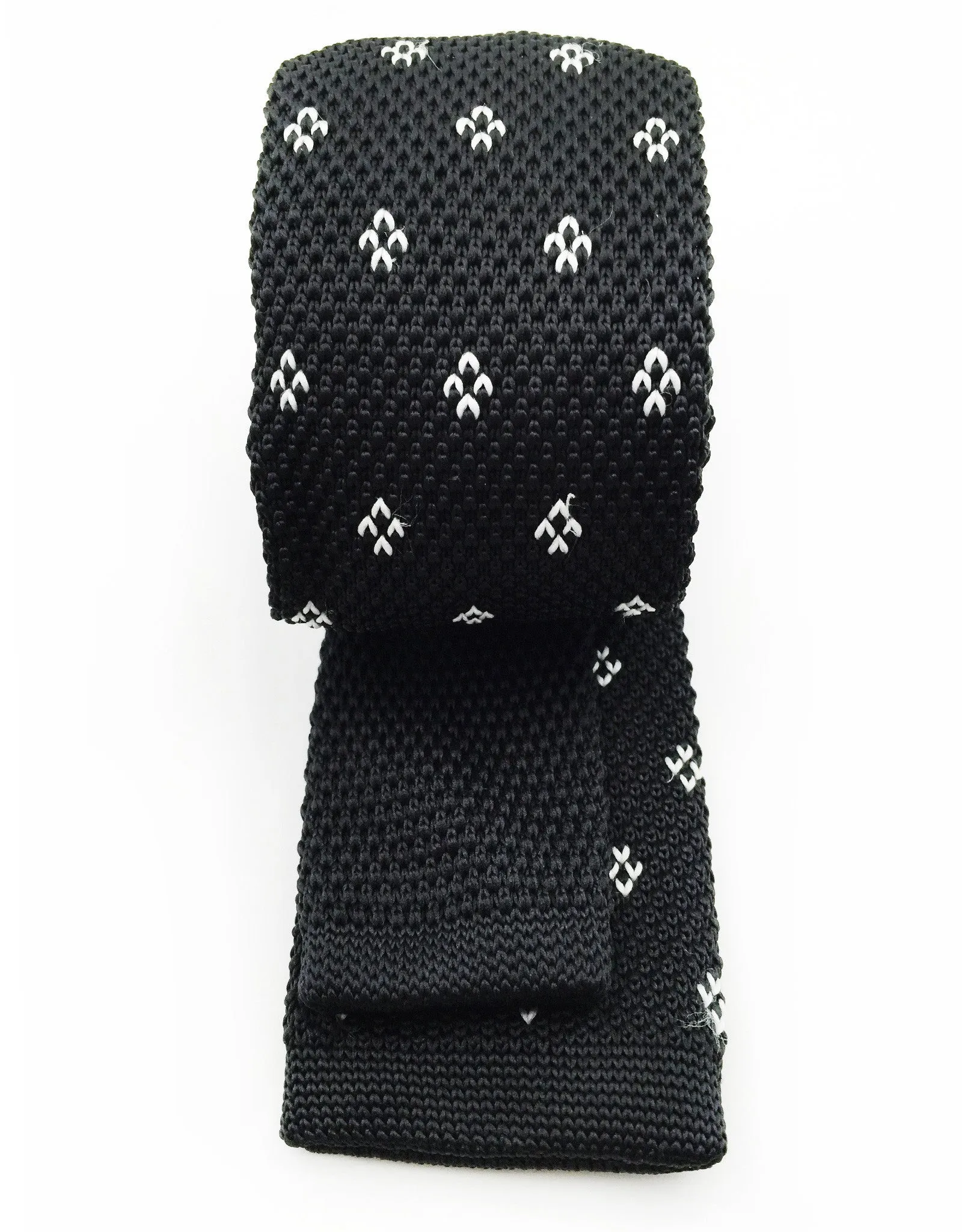 Black Skinny Knitted Tie with White Motif