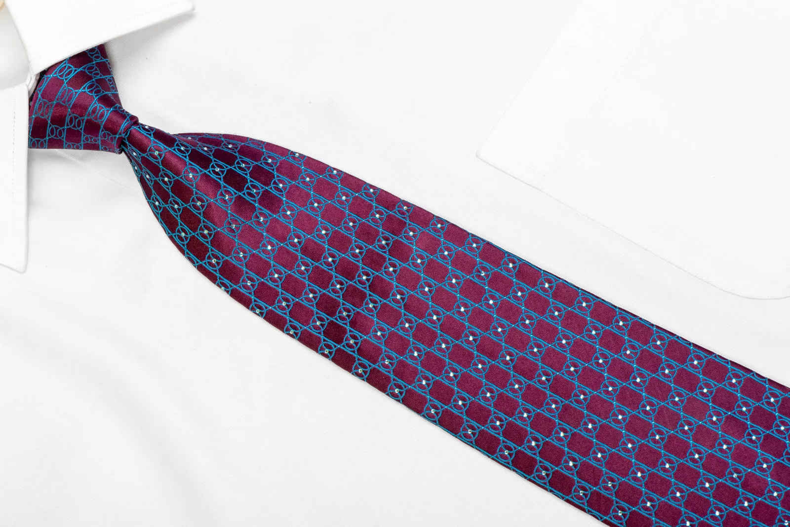 Blue Interlocking Trellis On Burgundy Rhinestone Necktie With Blue Sparkles