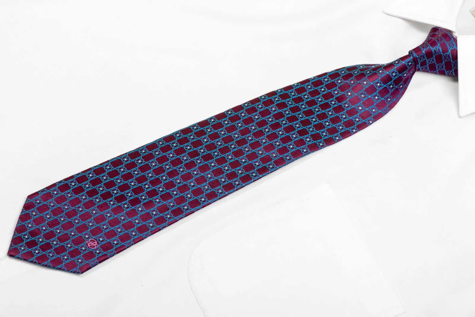 Blue Interlocking Trellis On Burgundy Rhinestone Necktie With Blue Sparkles