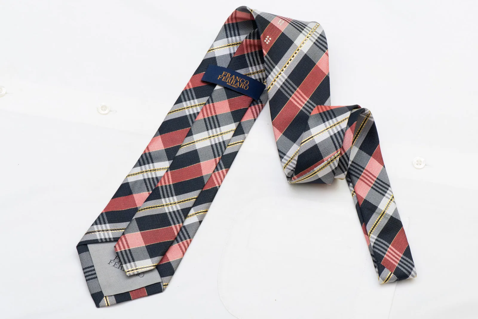 Blue Red Silver & Gold Plaid Design Rhinestone Tie With Gold Sparkles