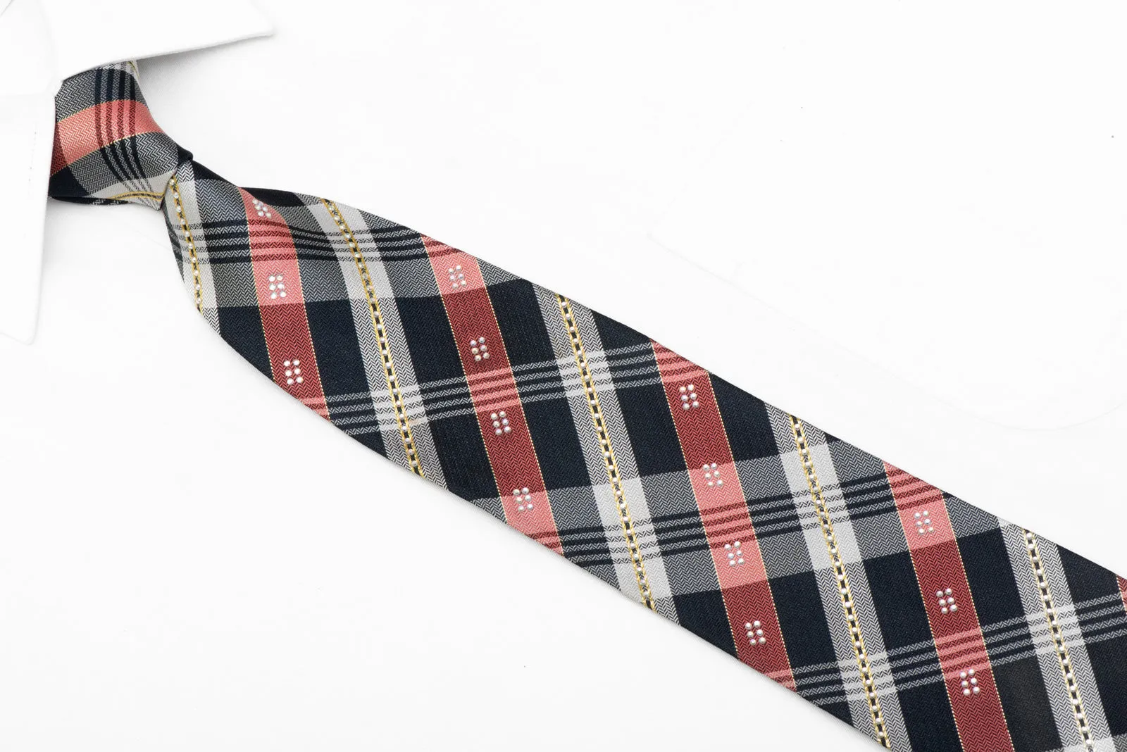Blue Red Silver & Gold Plaid Design Rhinestone Tie With Gold Sparkles