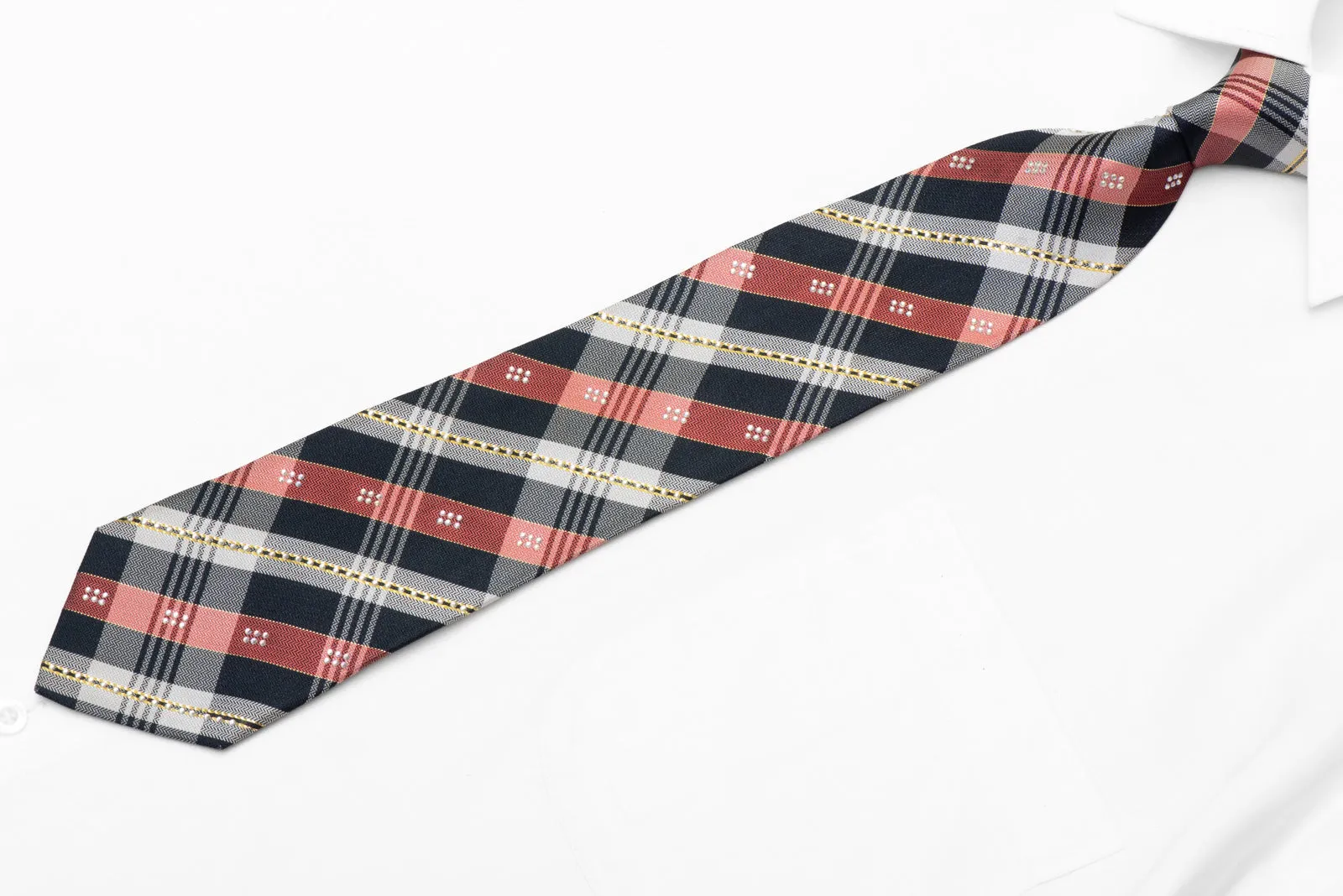 Blue Red Silver & Gold Plaid Design Rhinestone Tie With Gold Sparkles