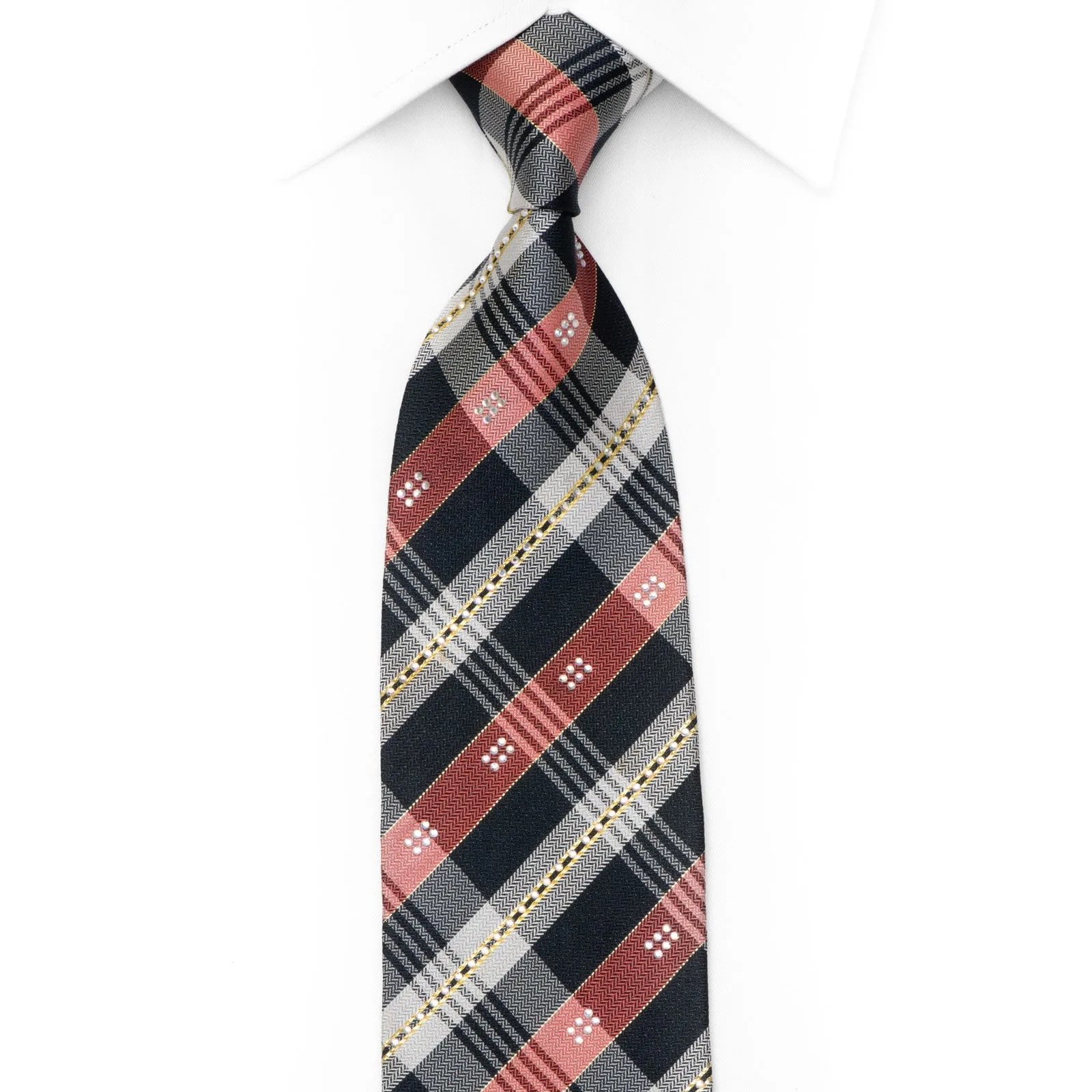 Blue Red Silver & Gold Plaid Design Rhinestone Tie With Gold Sparkles