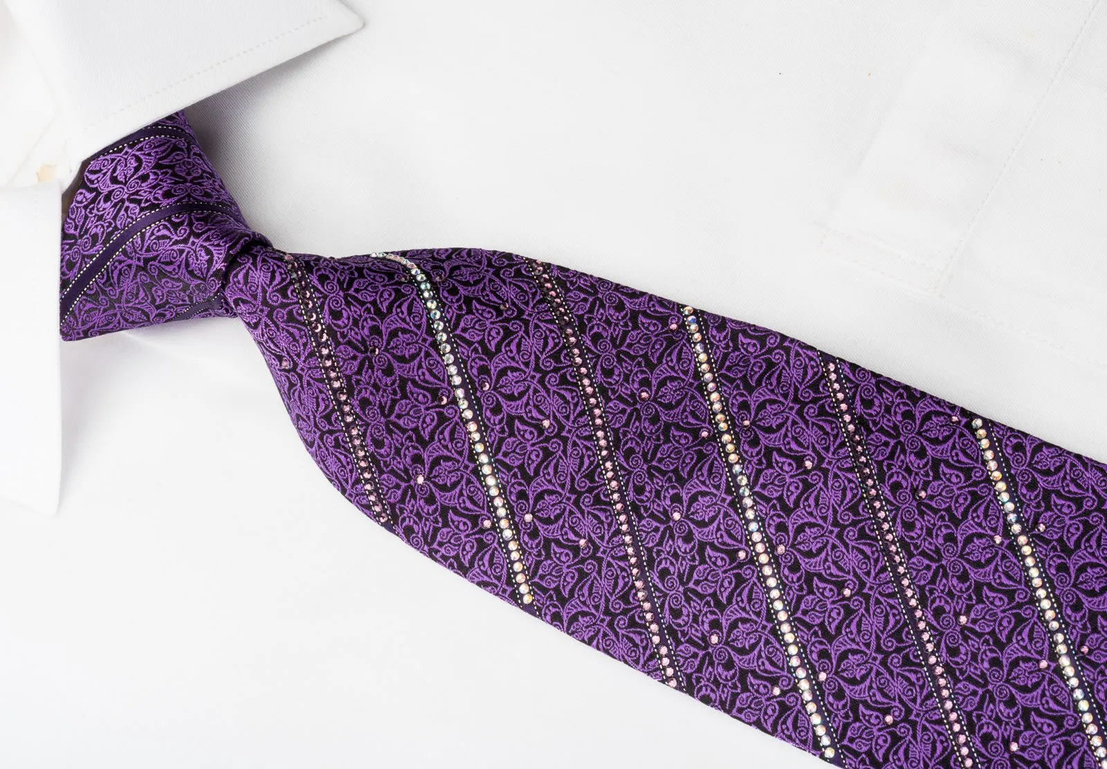 Bruno Baffi Silk Necktie Striped Rhinestones & Purple Cartouche On Black