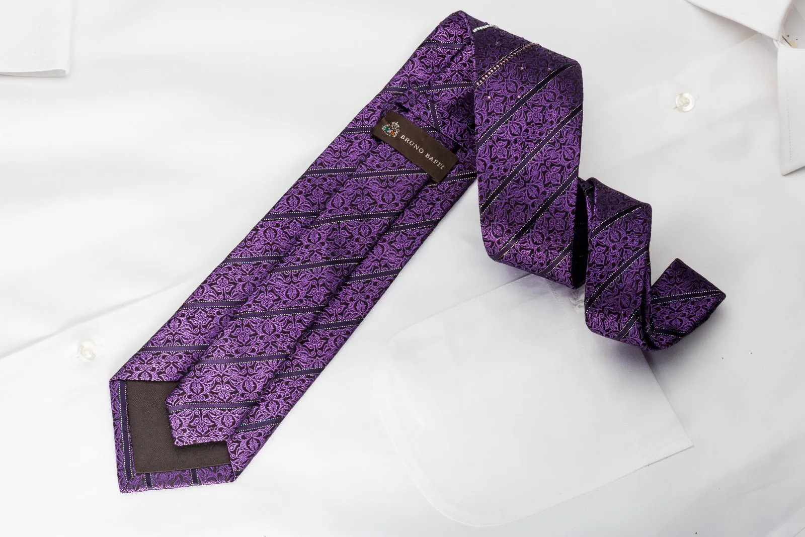 Bruno Baffi Silk Necktie Striped Rhinestones & Purple Cartouche On Black