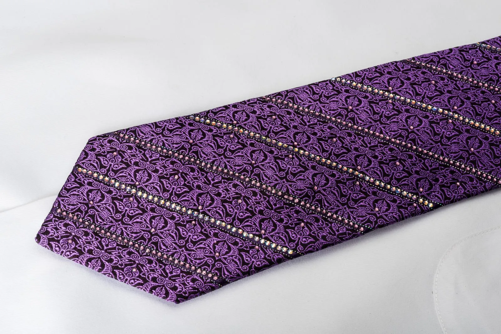 Bruno Baffi Silk Necktie Striped Rhinestones & Purple Cartouche On Black