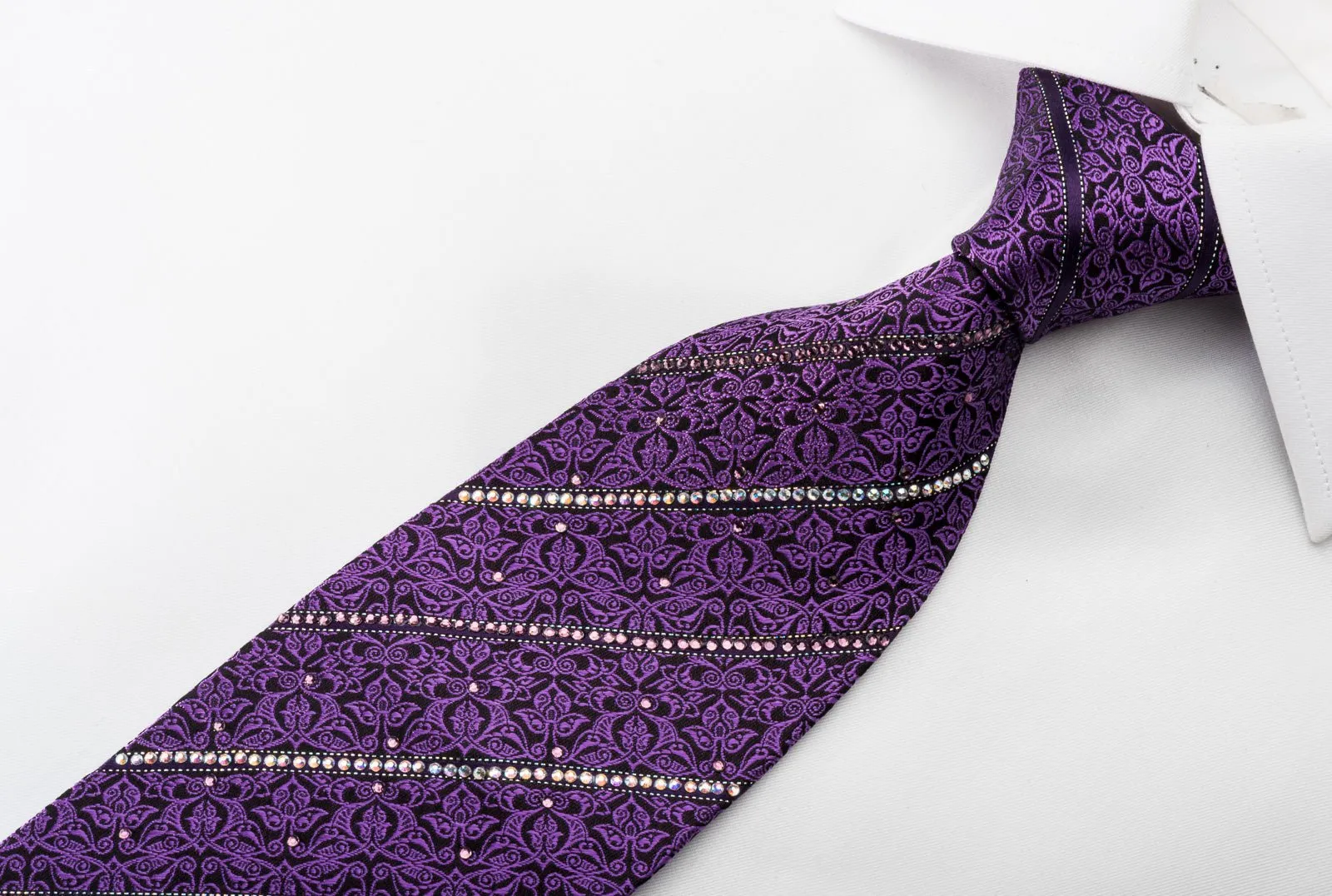 Bruno Baffi Silk Necktie Striped Rhinestones & Purple Cartouche On Black
