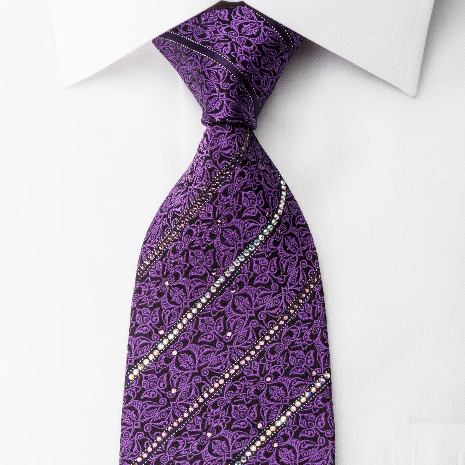 Bruno Baffi Silk Necktie Striped Rhinestones & Purple Cartouche On Black