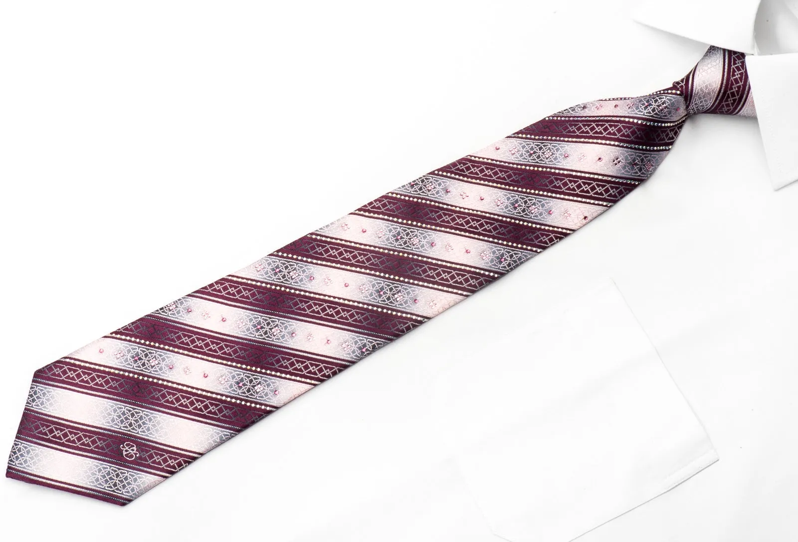 Burgundy Pink Silver Striped Sparkling With Rhinestones & Silver Sparkles