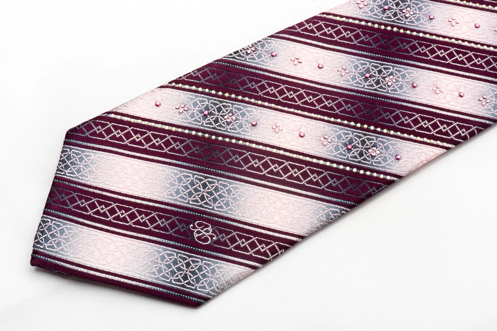 Burgundy Pink Silver Striped Sparkling With Rhinestones & Silver Sparkles