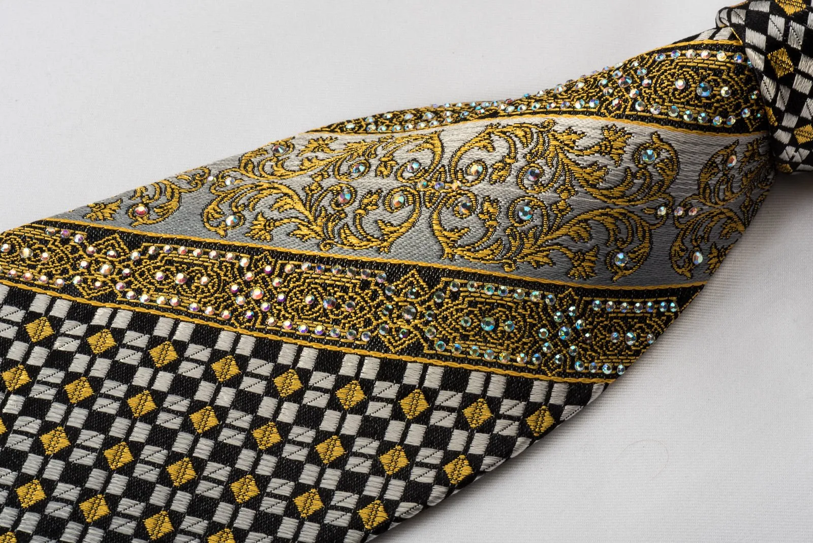 Cabrini Mens Silk Tie Golden Cartouche Checkered On Black With rhinestones