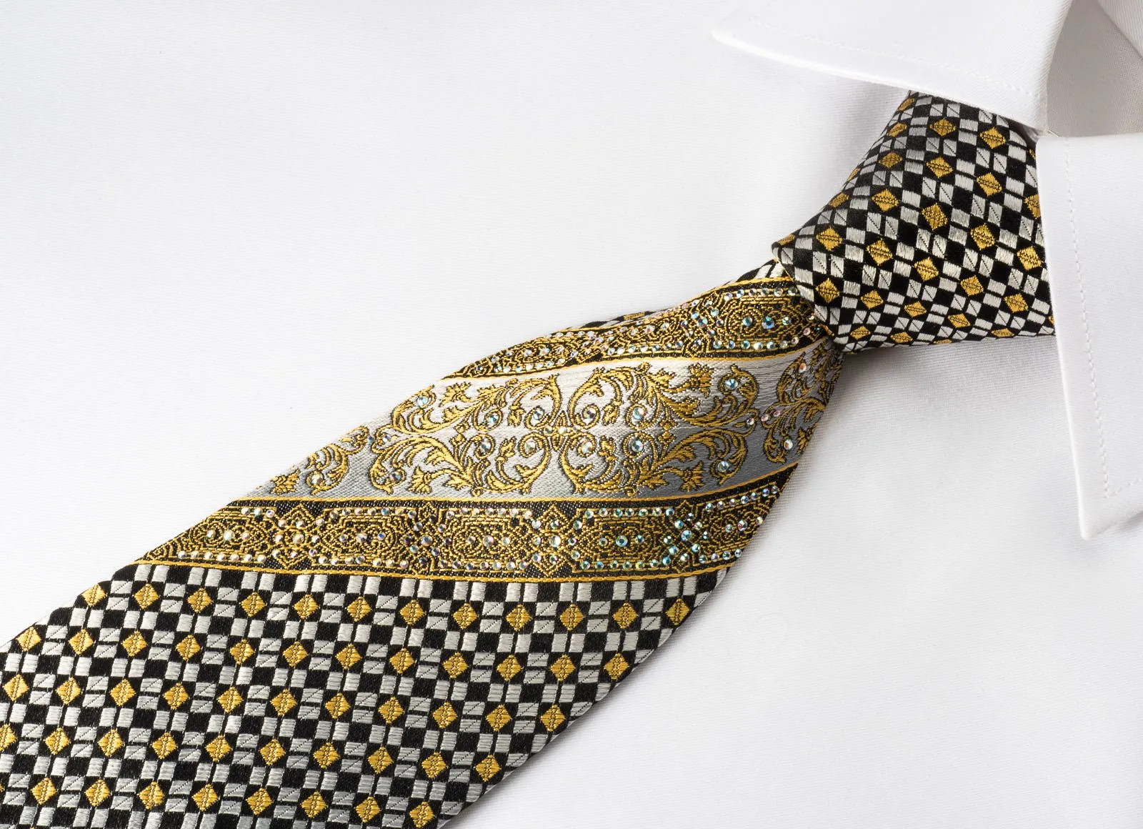 Cabrini Mens Silk Tie Golden Cartouche Checkered On Black With rhinestones