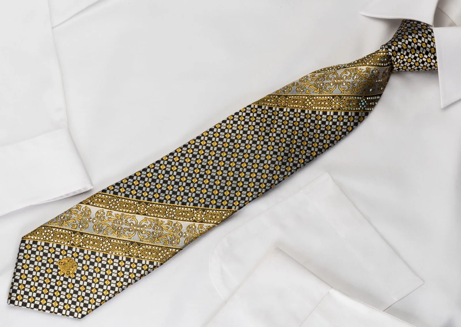Cabrini Mens Silk Tie Golden Cartouche Checkered On Black With rhinestones