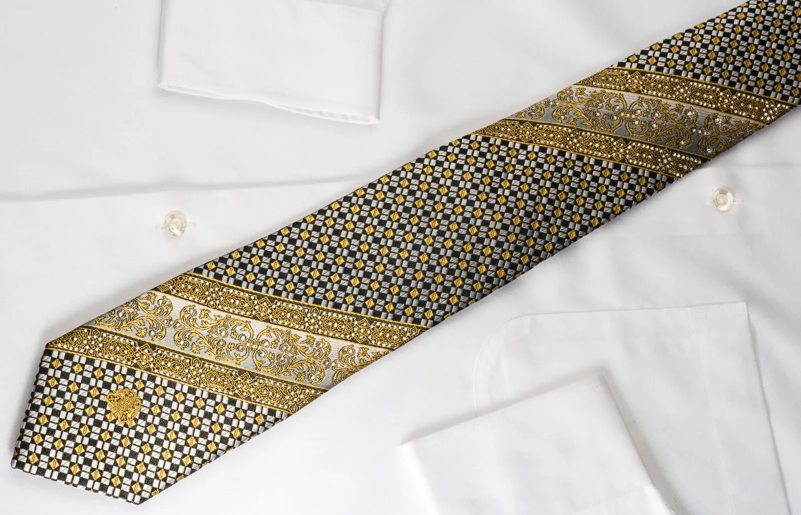 Cabrini Mens Silk Tie Golden Cartouche Checkered On Black With rhinestones