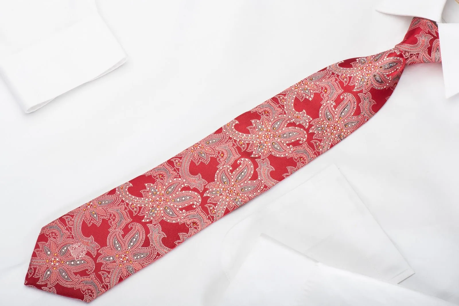 Cabrini Silk Necktie Anthemion On Red Sparkling With Crystal Rhinestones