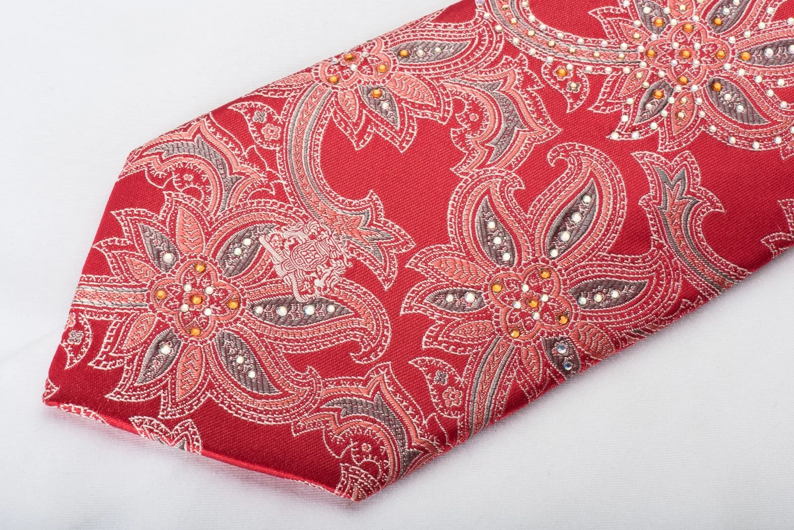 Cabrini Silk Necktie Anthemion On Red Sparkling With Crystal Rhinestones