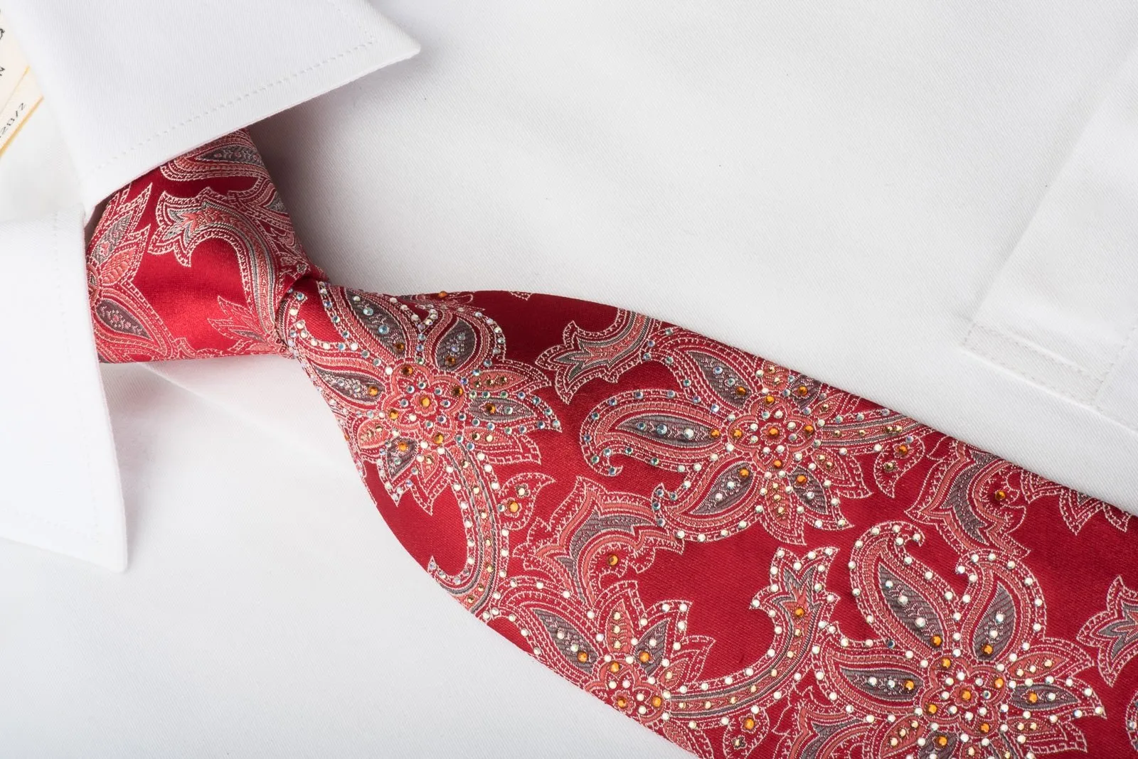 Cabrini Silk Necktie Anthemion On Red Sparkling With Crystal Rhinestones