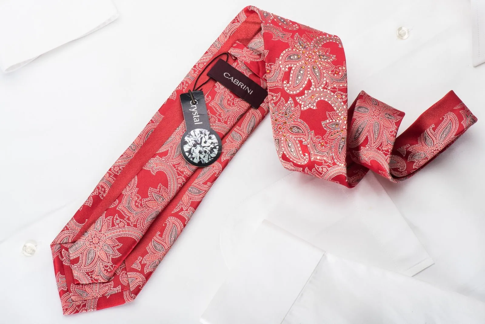 Cabrini Silk Necktie Anthemion On Red Sparkling With Crystal Rhinestones