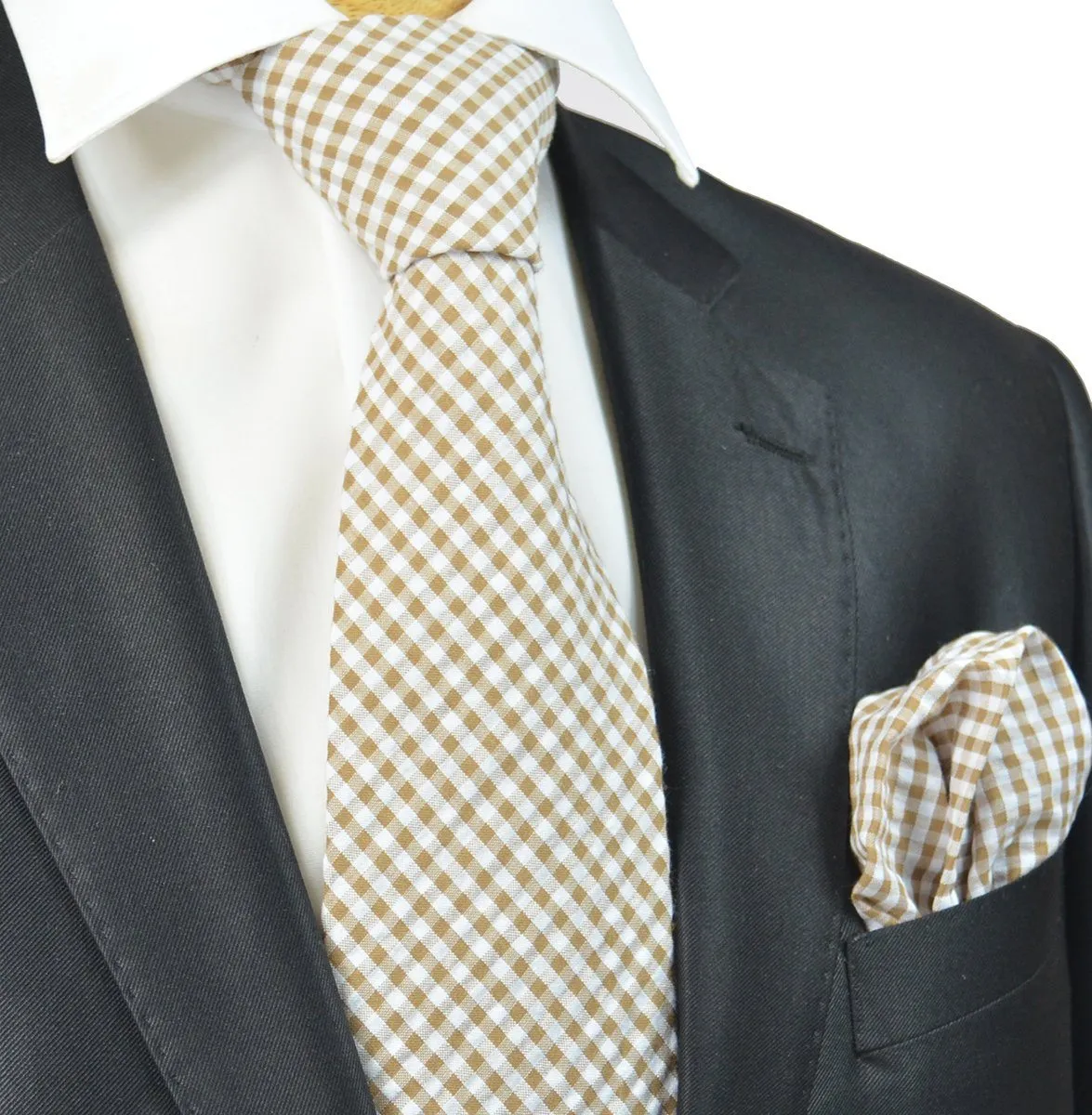 Camel and White Gingham Cotton Tie