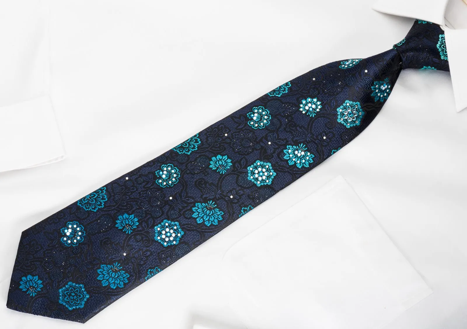 Carven Rhinestone Silk Necktie Blue Floral On Black With Silver Sparkles