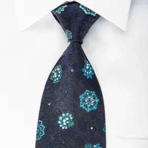 Carven Rhinestone Silk Necktie Blue Floral On Black With Silver Sparkles