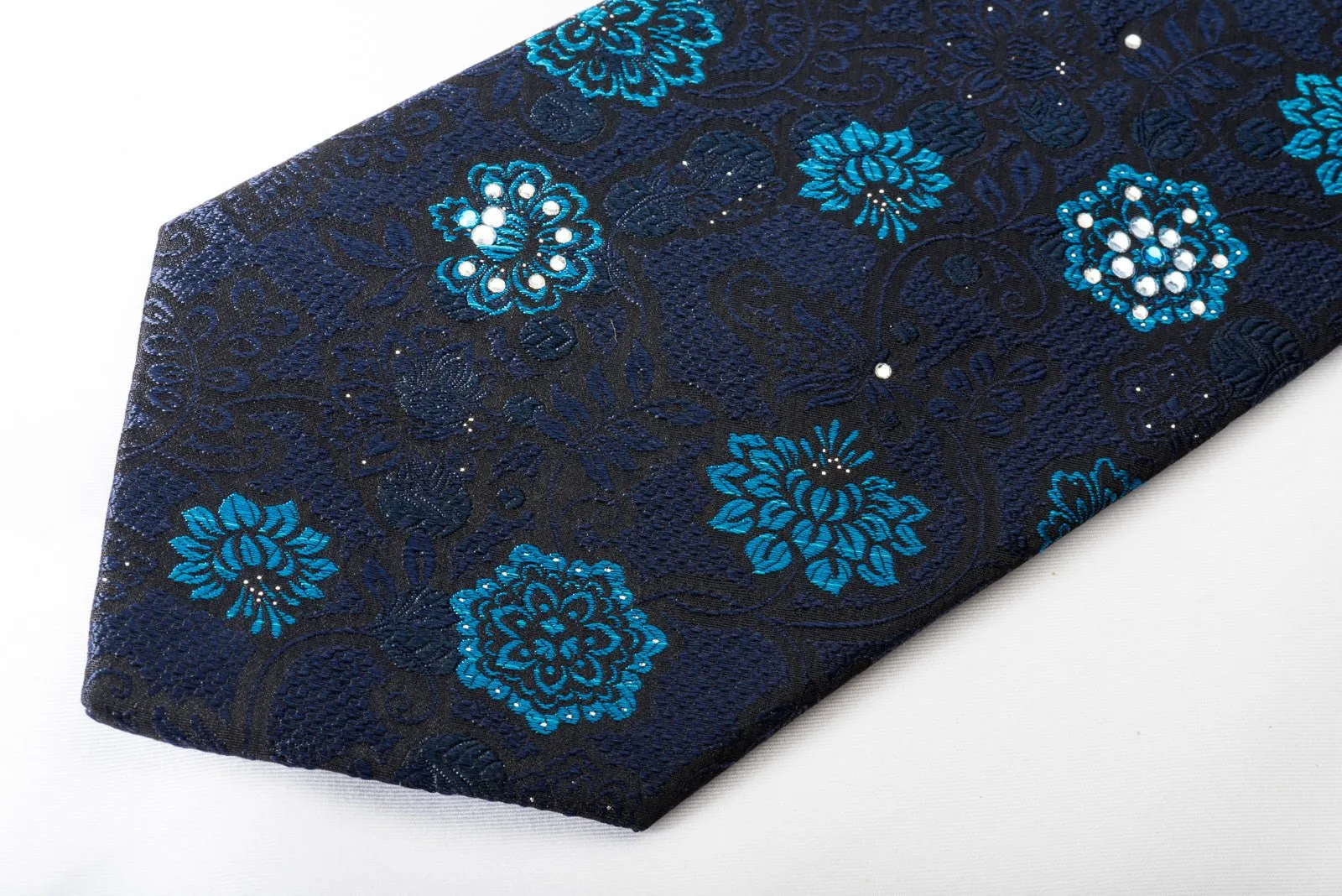 Carven Rhinestone Silk Necktie Blue Floral On Black With Silver Sparkles