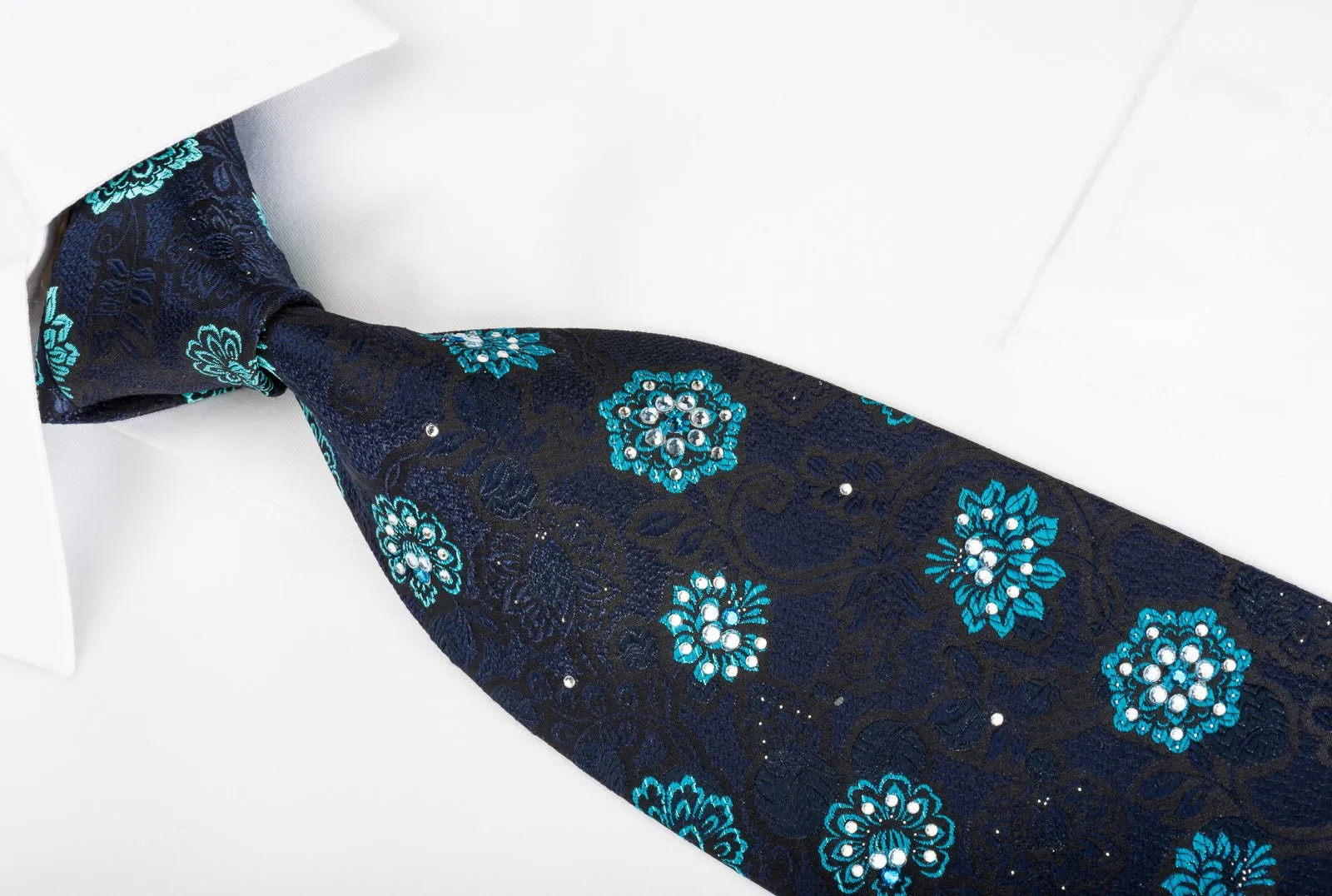 Carven Rhinestone Silk Necktie Blue Floral On Black With Silver Sparkles