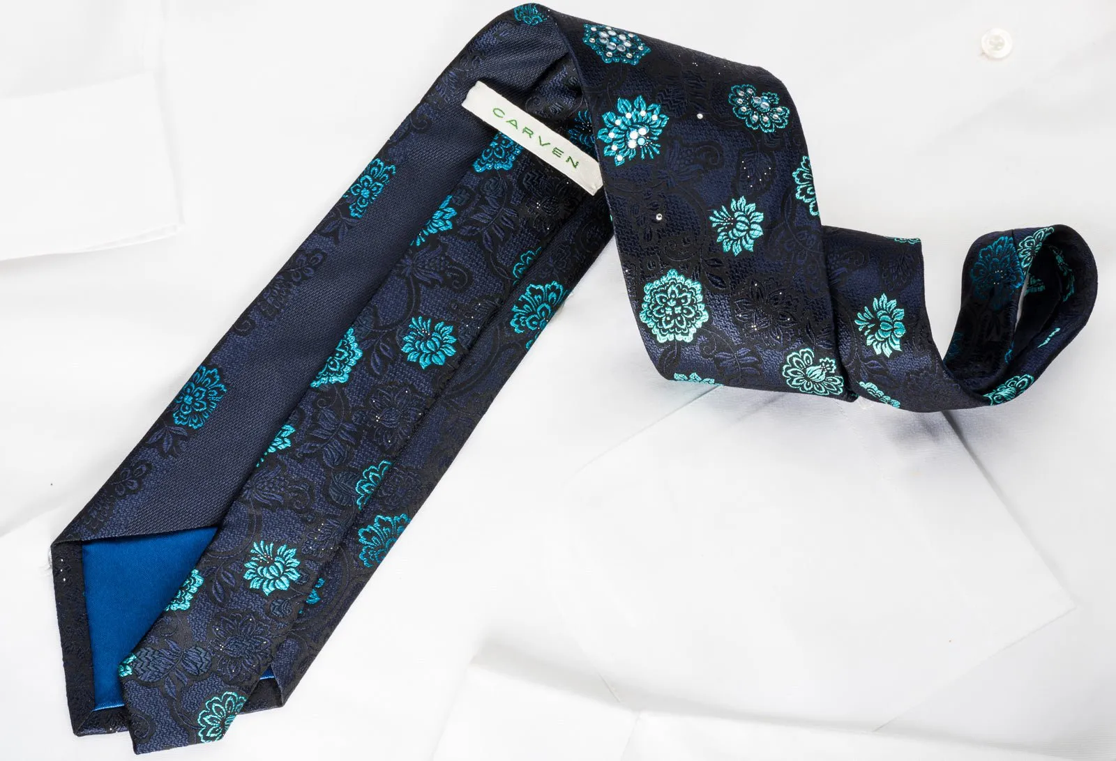Carven Rhinestone Silk Necktie Blue Floral On Black With Silver Sparkles