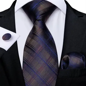 Classic Brown Blue Stripe Silk Necktie Pocket Square Cufflinks Set