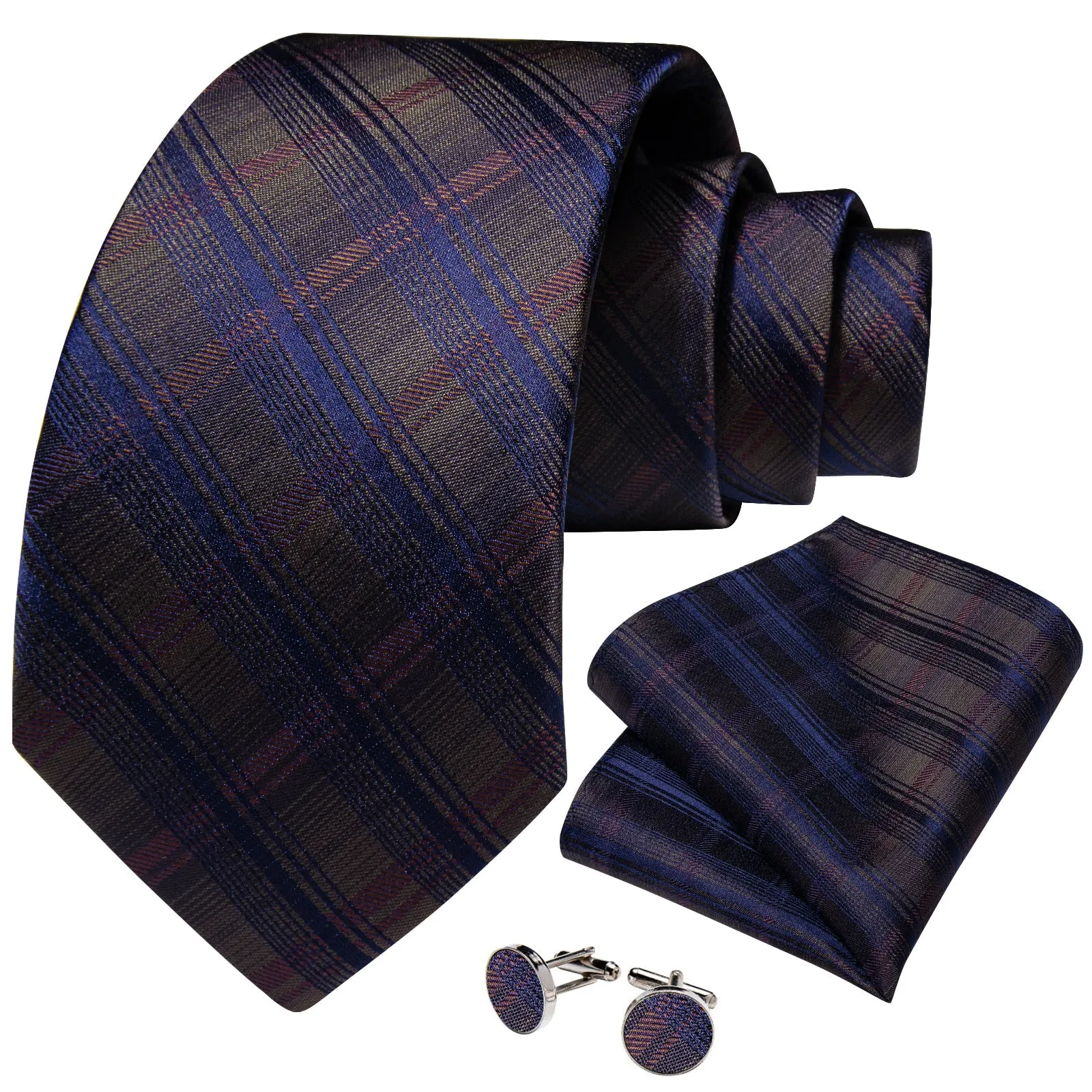 Classic Brown Blue Stripe Silk Necktie Pocket Square Cufflinks Set