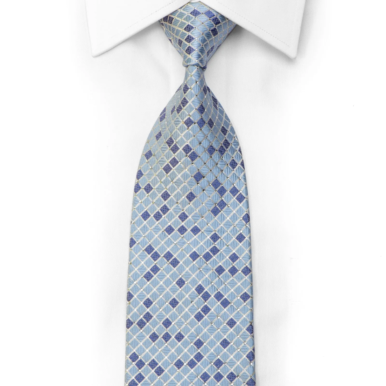 Crystal Rhinestone Silk Tie Blue Silver Checkered With Sparkles