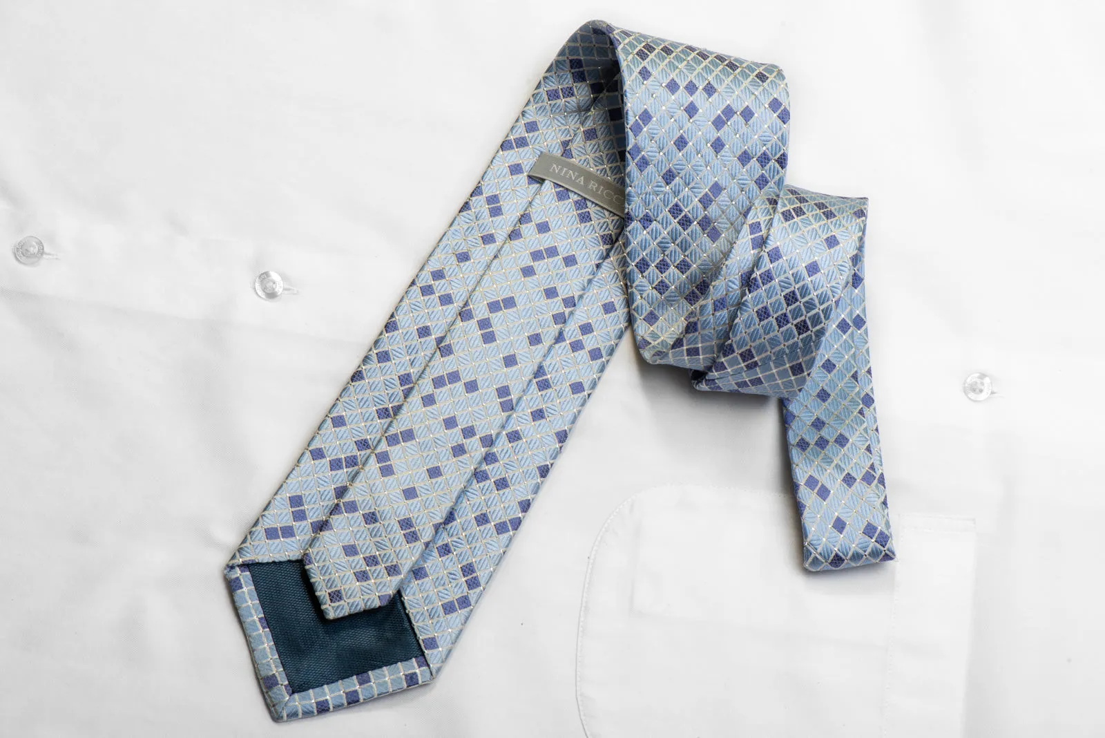 Crystal Rhinestone Silk Tie Blue Silver Checkered With Sparkles