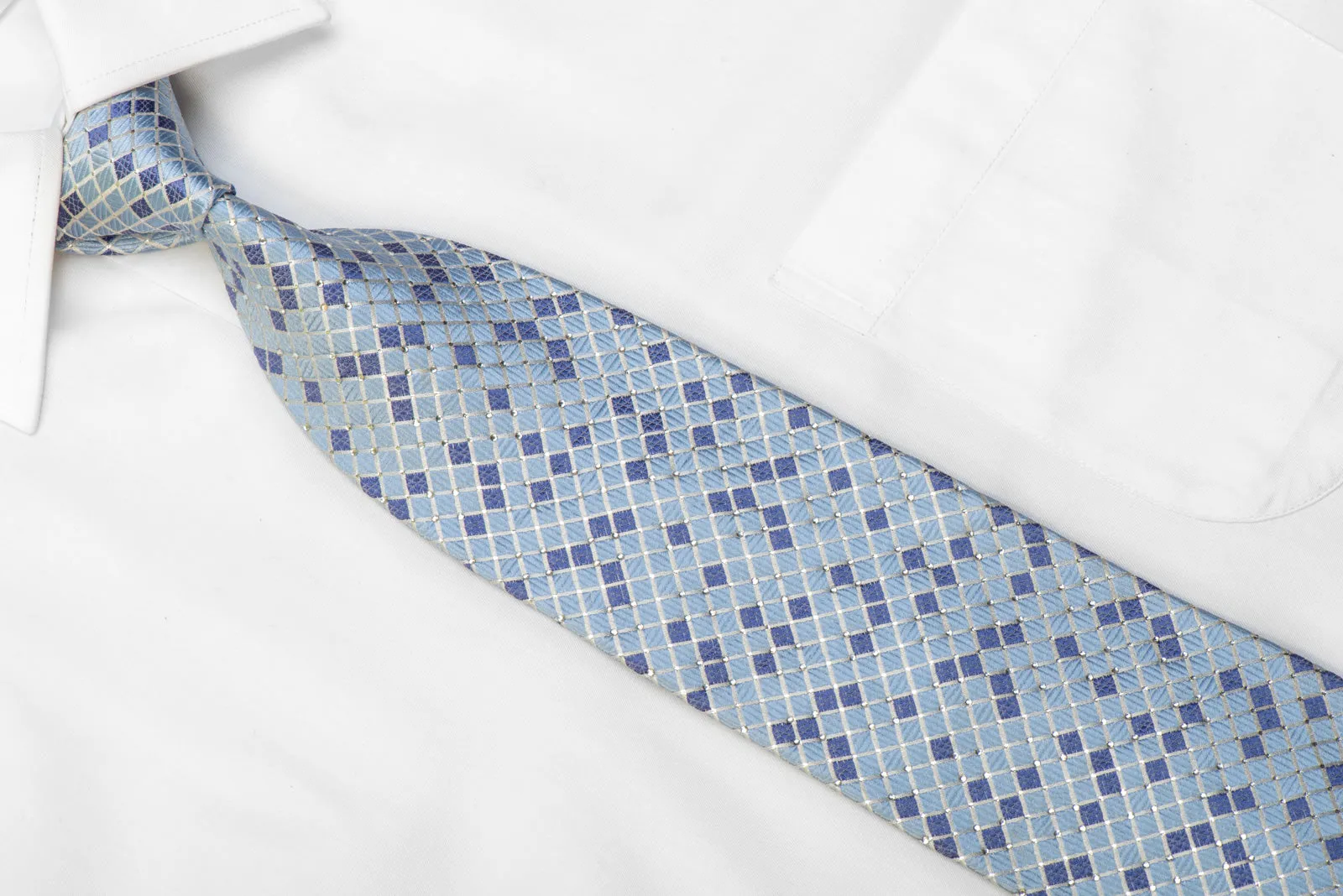 Crystal Rhinestone Silk Tie Blue Silver Checkered With Sparkles