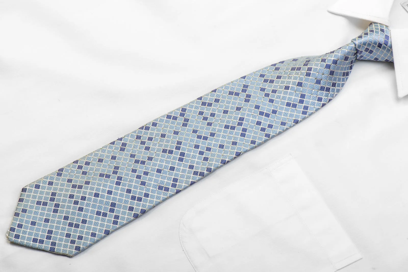 Crystal Rhinestone Silk Tie Blue Silver Checkered With Sparkles