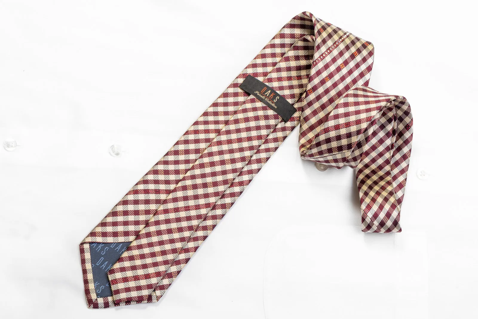 Daks Men's Silk Rhinestone Necktie Burgundy Beige Plaid With Sparkles