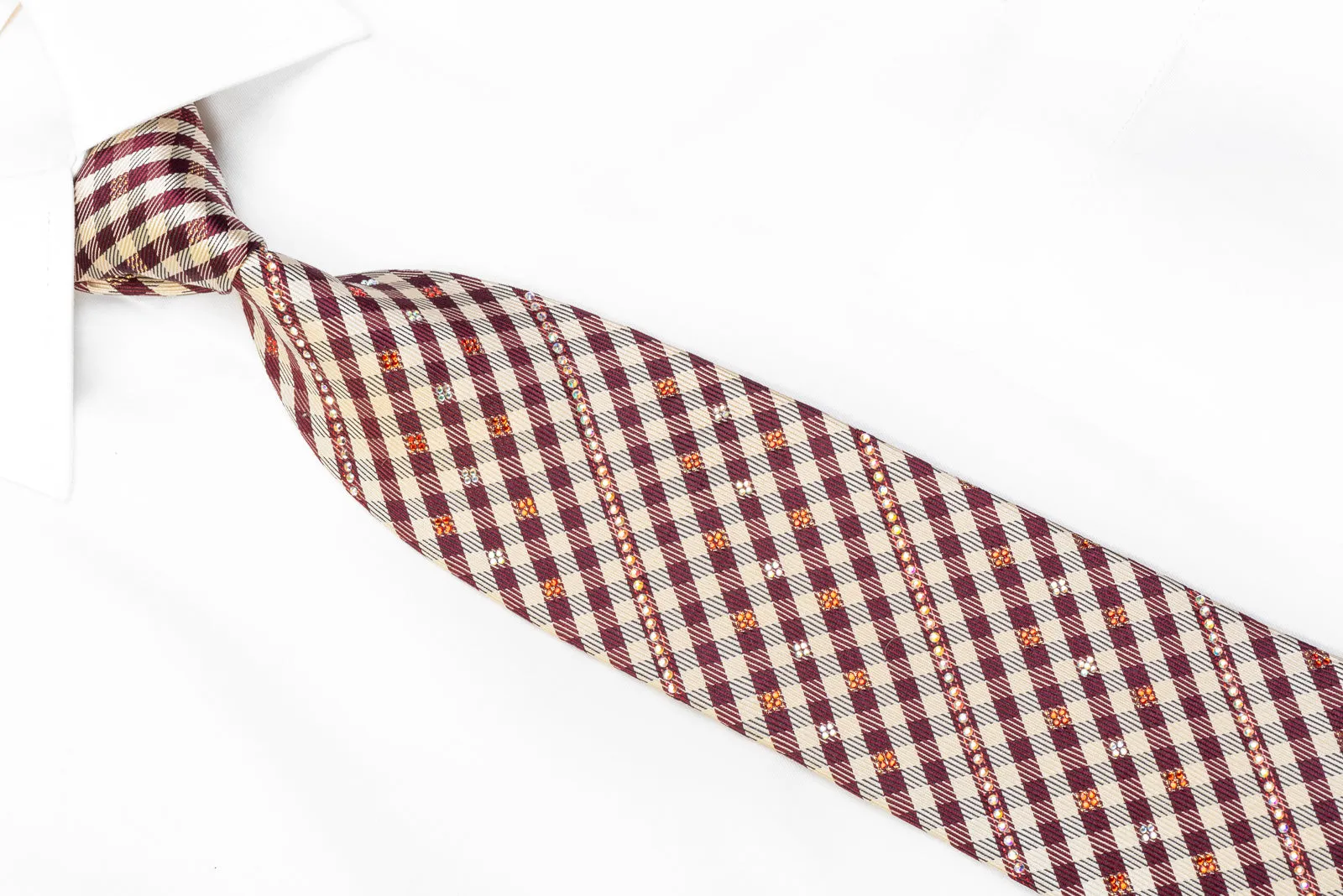 Daks Men's Silk Rhinestone Necktie Burgundy Beige Plaid With Sparkles