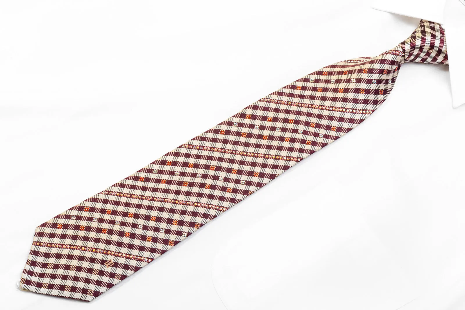 Daks Men's Silk Rhinestone Necktie Burgundy Beige Plaid With Sparkles