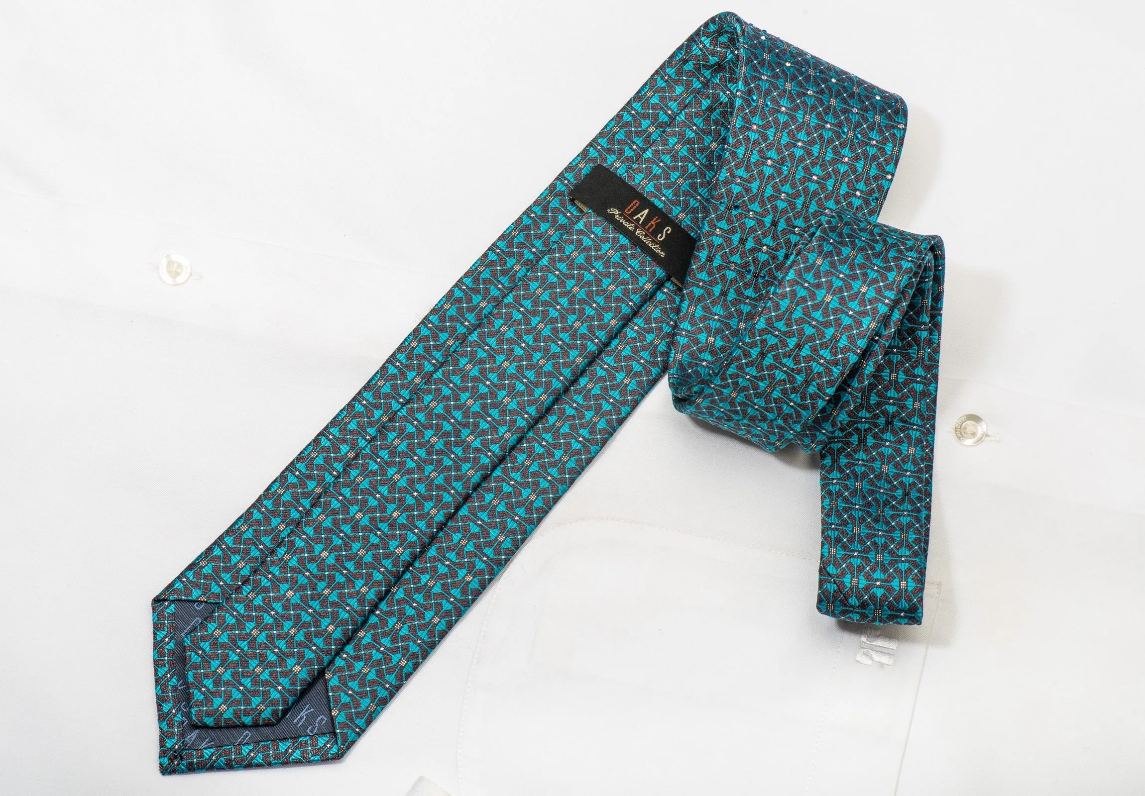 Daks Men's Silk Tie Turquoise Trellis On Dark Brown Sparkling With Crystal Rhinestones