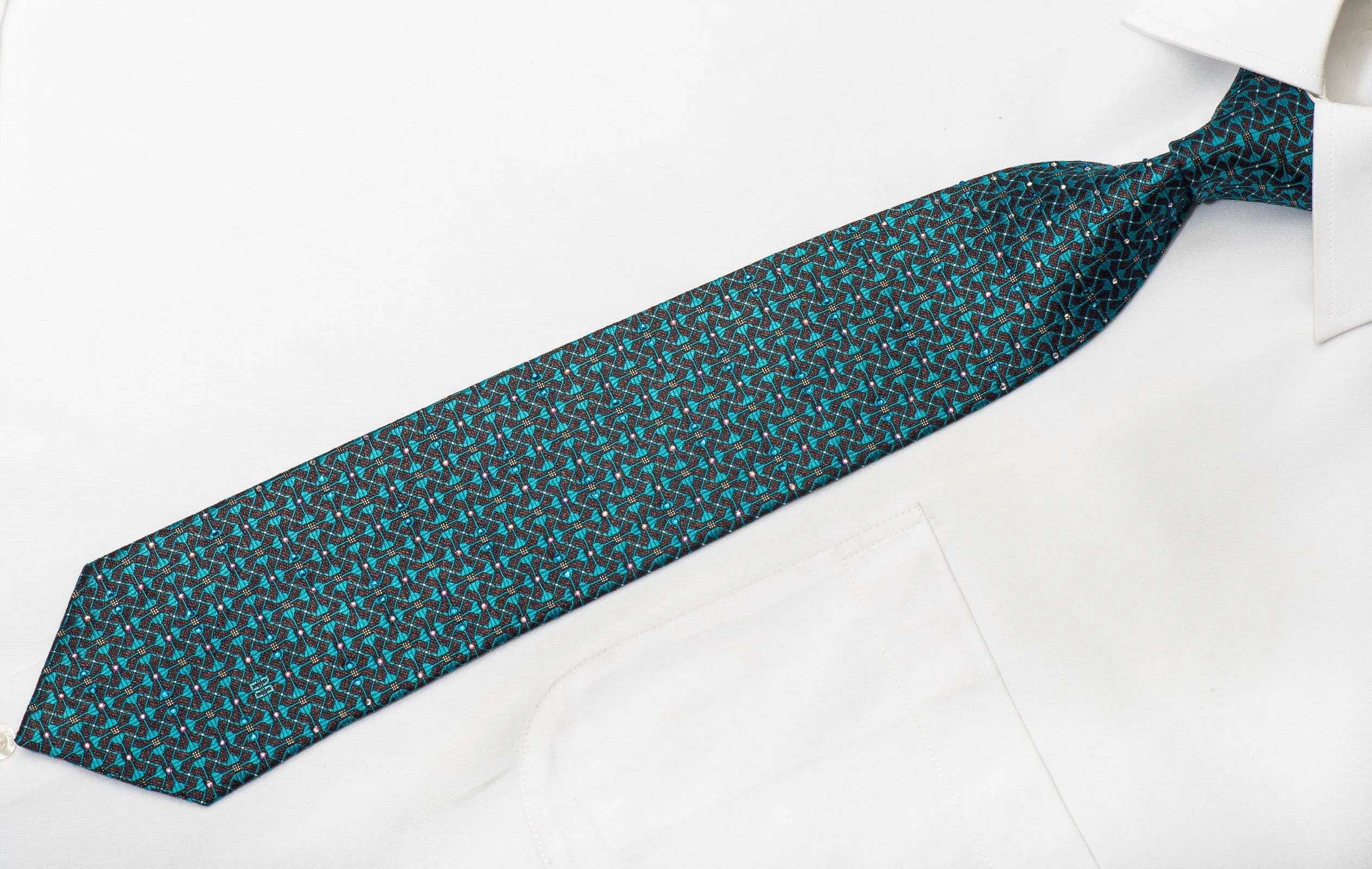 Daks Men's Silk Tie Turquoise Trellis On Dark Brown Sparkling With Crystal Rhinestones