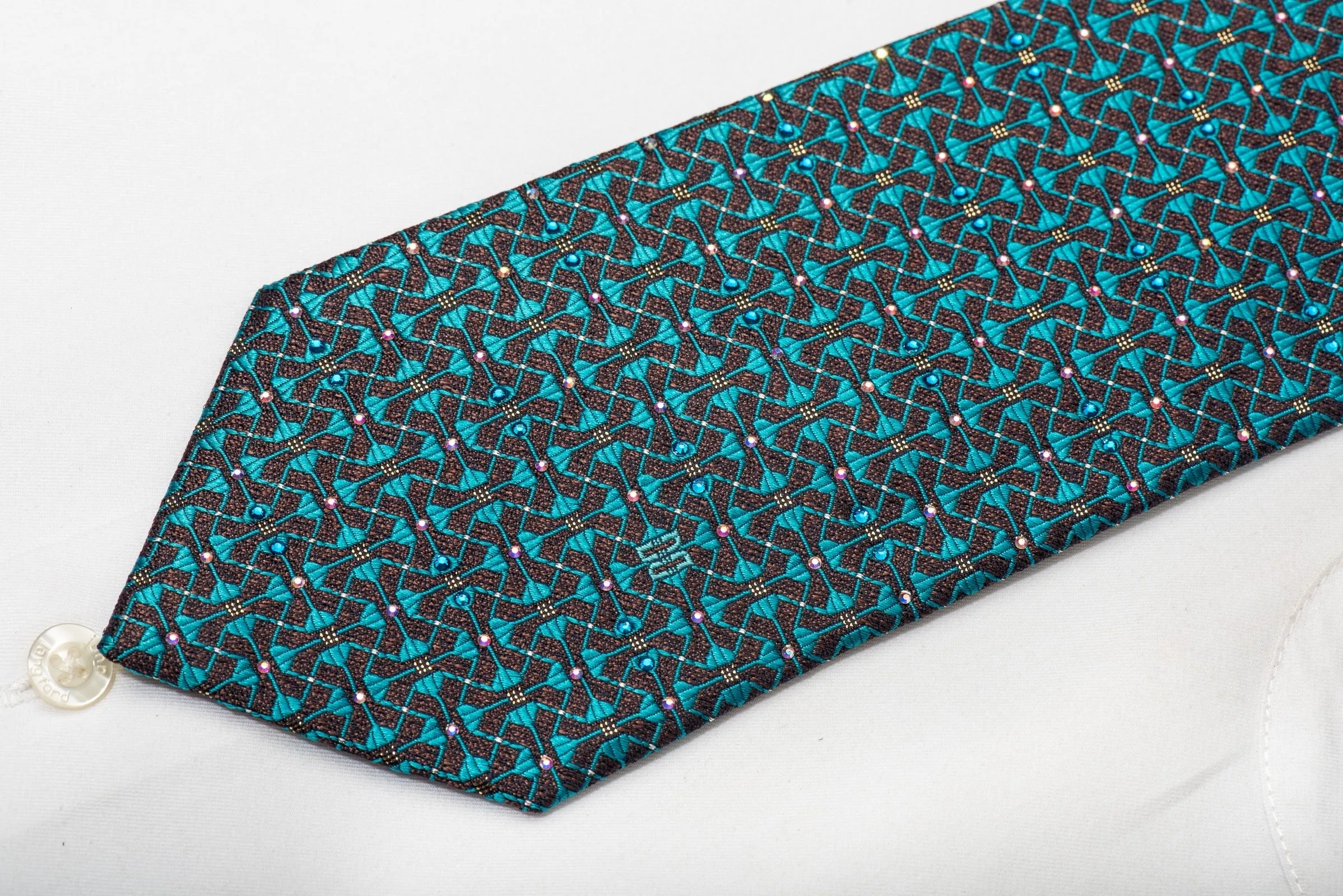 Daks Men's Silk Tie Turquoise Trellis On Dark Brown Sparkling With Crystal Rhinestones
